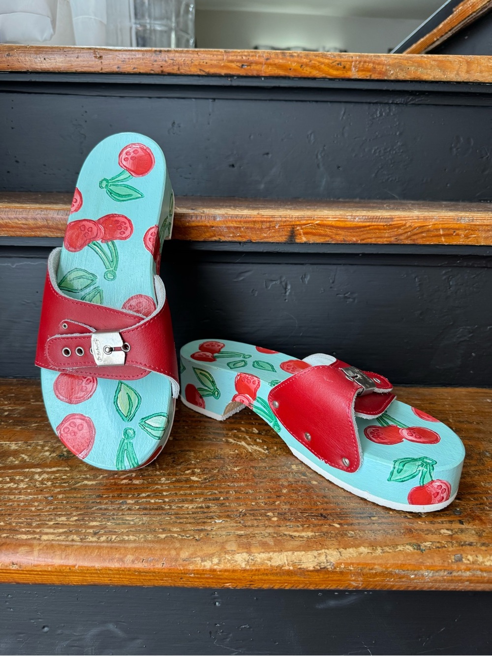 Cherry Print Mint Slide Sandals with Red Leather Straps - Picture 6 of 8